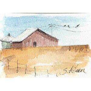 ACEO Landscape Painting Watercolor Ink Red Barn in Yellow Field Birds II Signed
